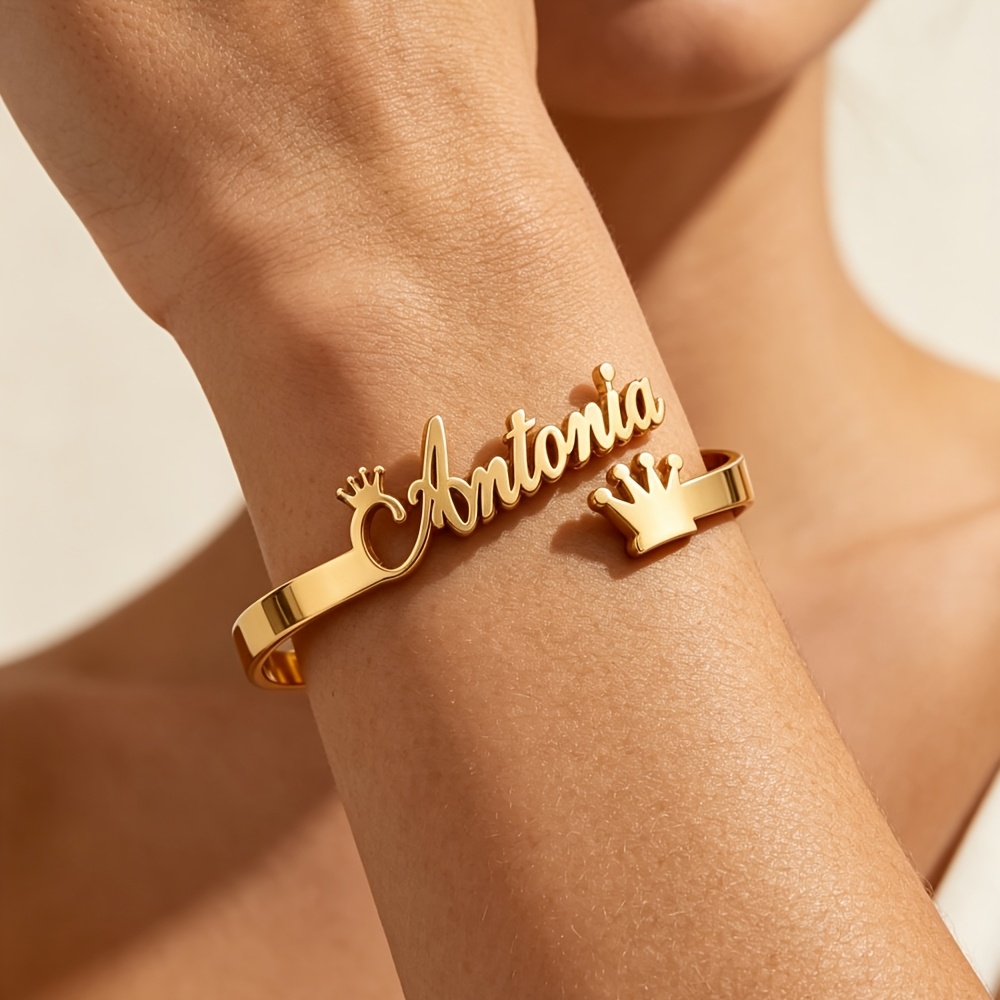 Custom Crown Name Golden Bracelet, Personalized Stainless Steel